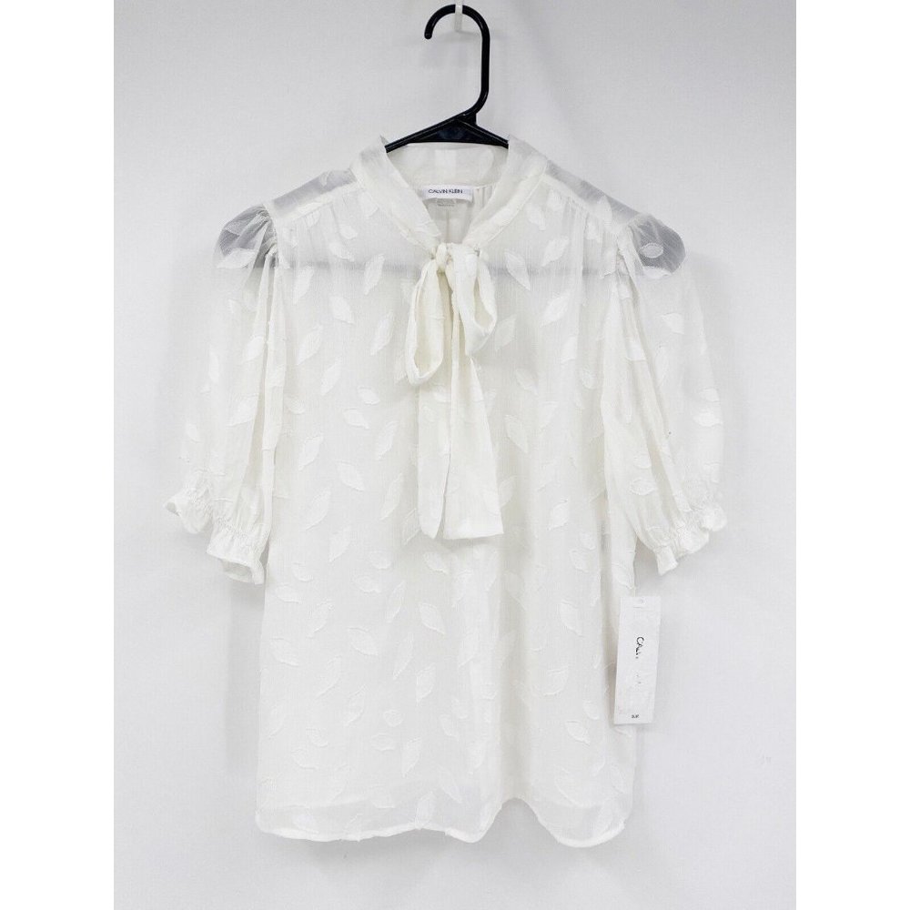 Calvin Klein Floral Leaf Tie-Neck Button Up Work from Home Office Blouse Size XS